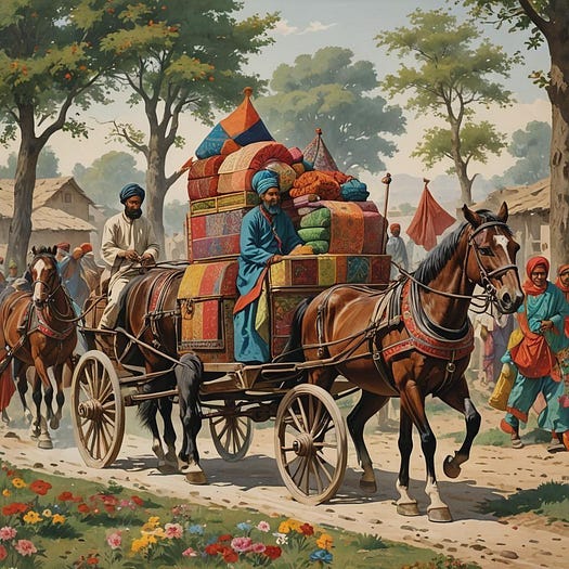 A merchant with a cart full of items for the market.