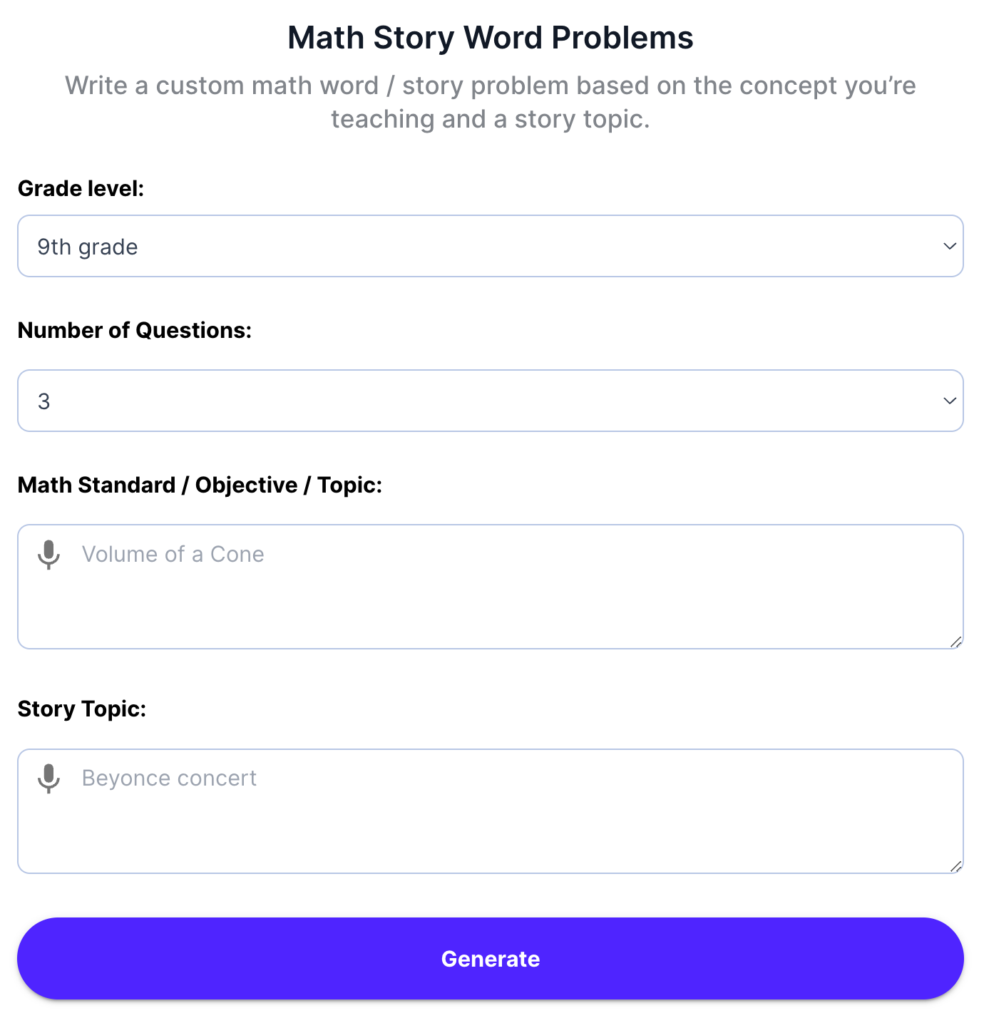 A Math Story Word problem generator that takes grade level and number of questions and topic and story topic and generates a worksheet.