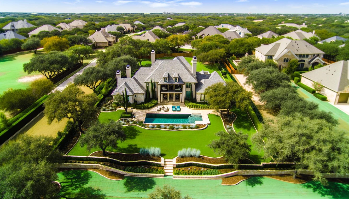 A stunning aerial view of a luxury property captured by a drone, highlighting the beautiful landscape and architecture. The property features a large, elegant house with a pool, surrounded by lush greenery and perfectly manicured lawns. The image should convey professionalism, sophistication, and the high-quality work of a drone video production company.