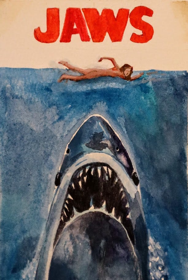 watercolor painting of the Jaws poster