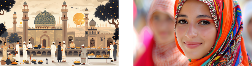 Two images side by side: the left image shows an illustration of people gathered outside a mosque with domes and minarets, enjoying a communal feast. The right image is a close-up of a smiling woman wearing a colorful hijab, with another woman in a pink hijab blurred in the background.