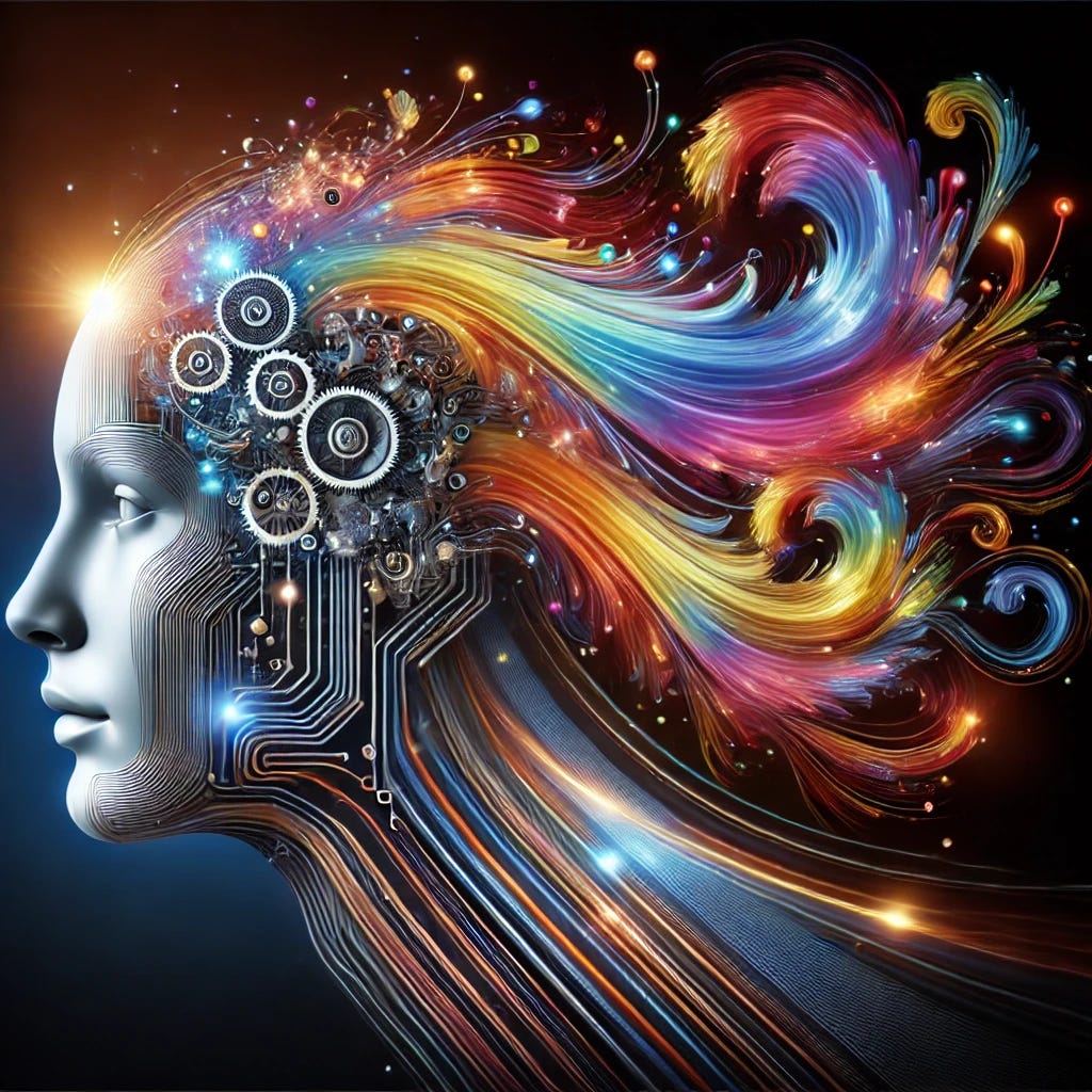 A stunning digital artwork featuring a human profile with a stream of vibrant, abstract, colorful ribbons flowing from the head, representing creativity and innovation. The figure is partially mechanized, with intricate AI circuitry blending seamlessly with organic features. The background is dark, with glowing highlights emphasizing the interplay of technology and creativity. The design should evoke the fusion of human imagination and artificial intelligence.