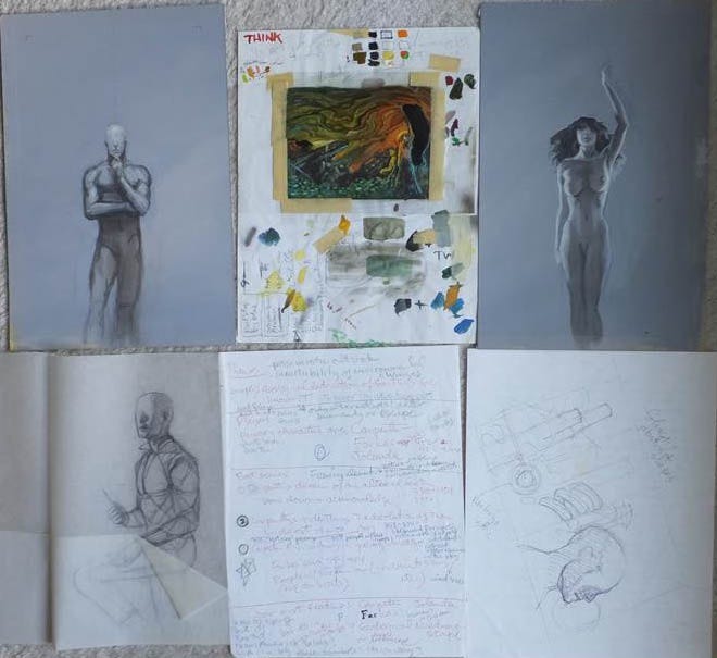 Spread of sketches, concepts, and notes scribbled on the back of manuscript pages laid out in a grid of 3x2. A small color study is top center. A sketch of a man with no eyes is top left and a naked woman with arm raise on the top right. Bottom left is a sketch of a man with no eyes brandishing a shiv in the pose of the cover. Middle bottom is a page of notes and bottom right is a series of small sketches including a human head with no eyes.