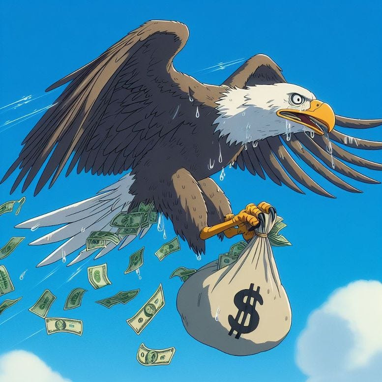 AI art: bald eagle struggling to carry cash.