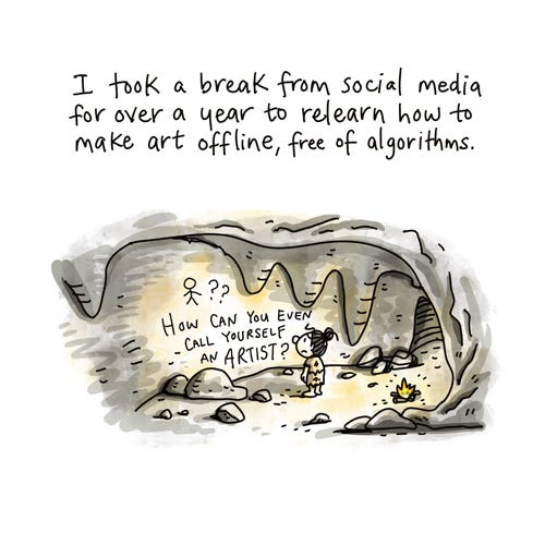 A Long Time Away (1/4) Illustration of a cartoon girl in a dark cave, making rudimentary cave drawings. Graffitied on the wall is the text, "How can you even call yourself an artist?" Caption reads, I took a break from social media for over a year to relearn how to make art offline, free of algorithms." Original artwork by Connie Sun, cartoonconnie, 2024
