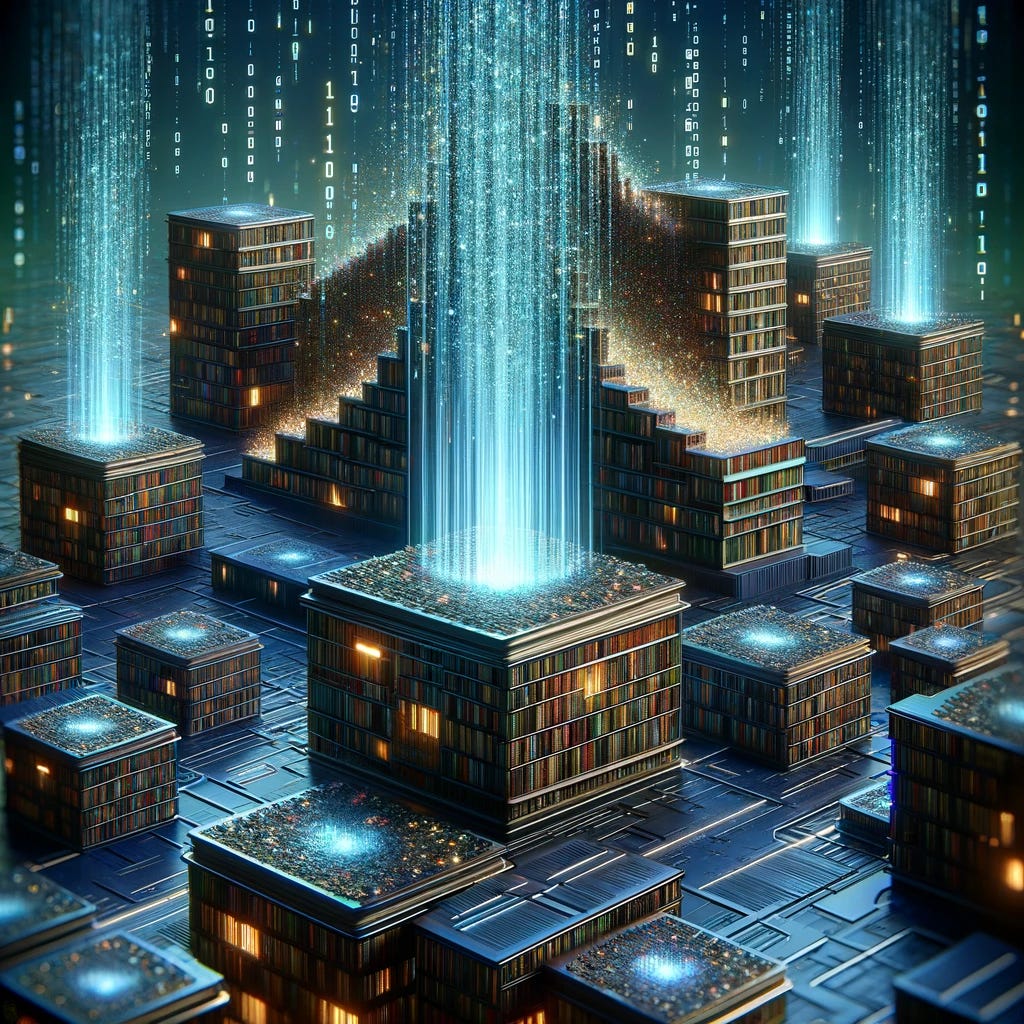 A visually striking image showcasing the concept of Deep Hash Embedding in machine learning. Imagine a digital landscape representing data transformation. In the foreground, there's a depiction of traditional embedding tables as vast libraries filled with books, symbolizing the dense storage of information. Transitioning towards the background, these tables transform into sleek, futuristic towers emitting glowing data streams, representing the streamlined and efficient process of Deep Hash Embedding. This transformation illustrates the shift from bulky, memory-intensive methods to a more elegant, space-saving approach. The scene is bathed in neon lights to highlight the technological innovation, with binary code raining softly in the background to signify the digital realm.