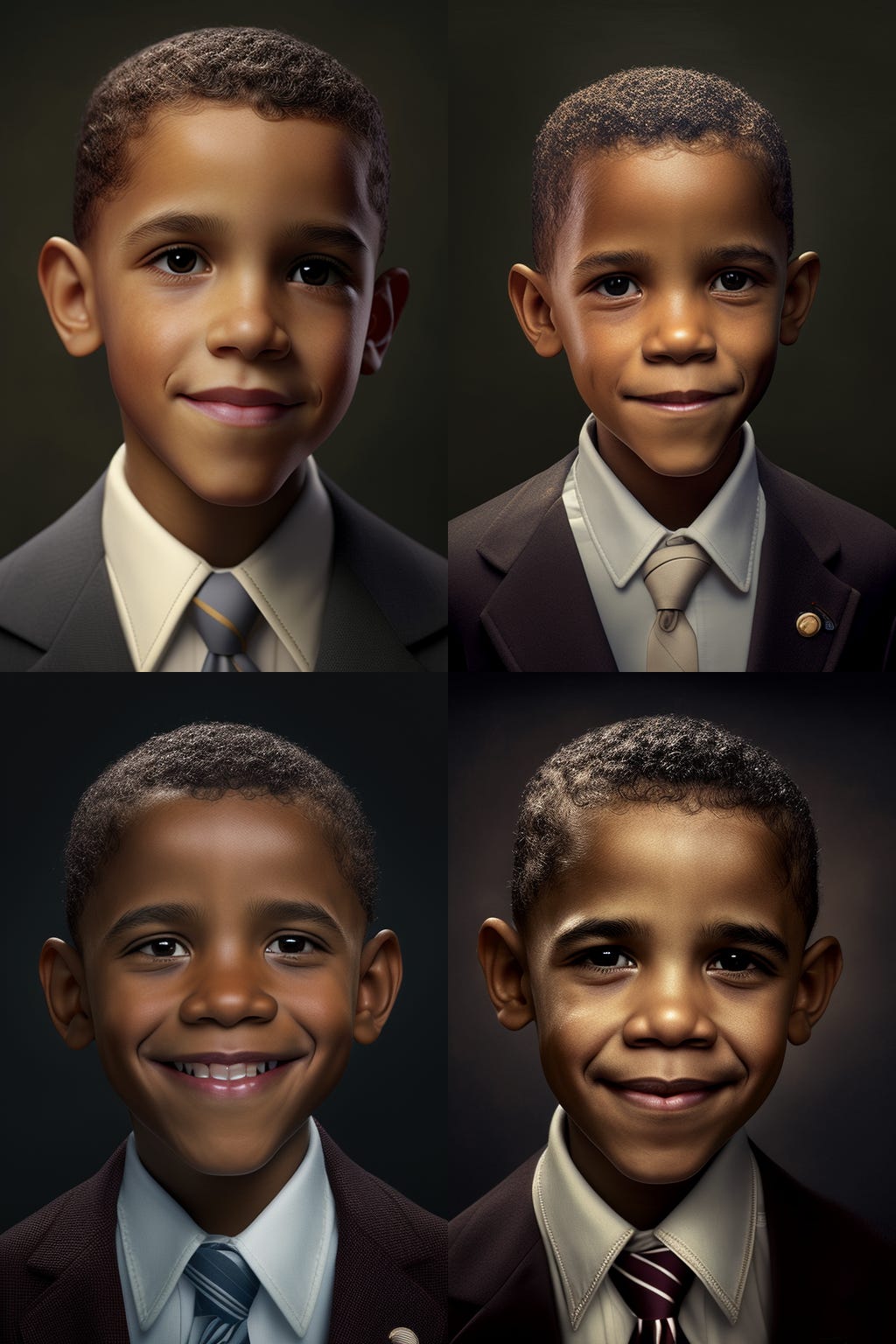 Barack Obama as a kid, portrait, close-up shot, studio photography, volumetric lighting, wearing a suite, smiling, mischievous, realistic, 50mm, expressive, iconic, 4k