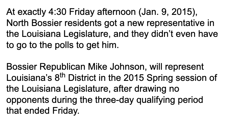 At exactly 4:30 Friday afternoon (Jan. 9, 2015), North Bossier residents got a new representative in the Louisiana Legislature, and they didn’t even have to go to the polls to get him.     Bossier Republican Mike Johnson, will represent Louisiana’s 8th District in the 2015 Spring session of the Louisiana Legislature, after drawing no opponents during the three-day qualifying period that ended Friday.