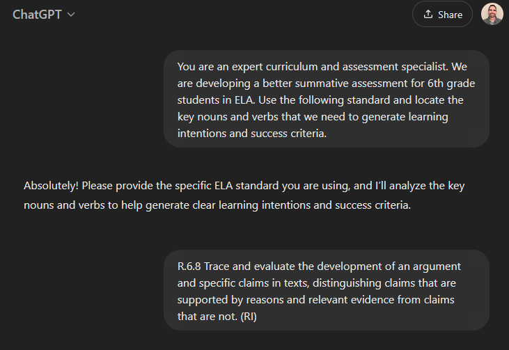 Prompts in ChatGPT to generate intentions and criteria based on a state standard