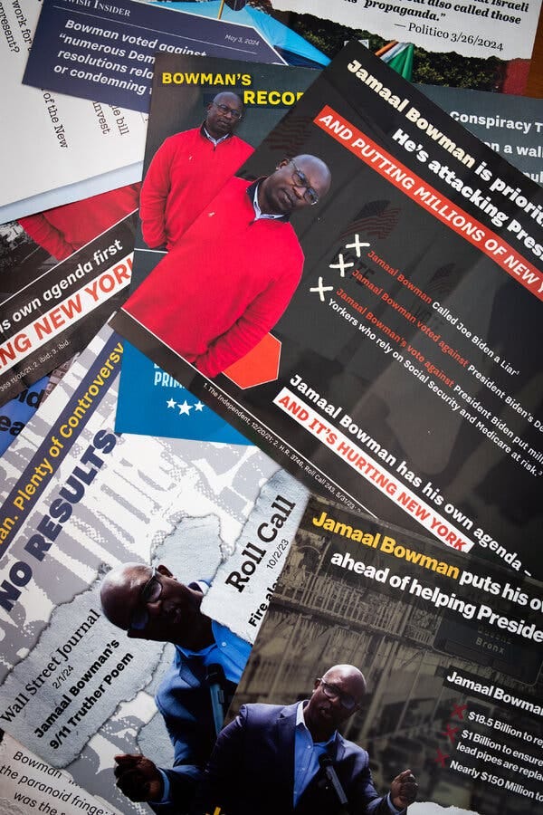 An array of mailers critical of Representative Jamaal Bowman.