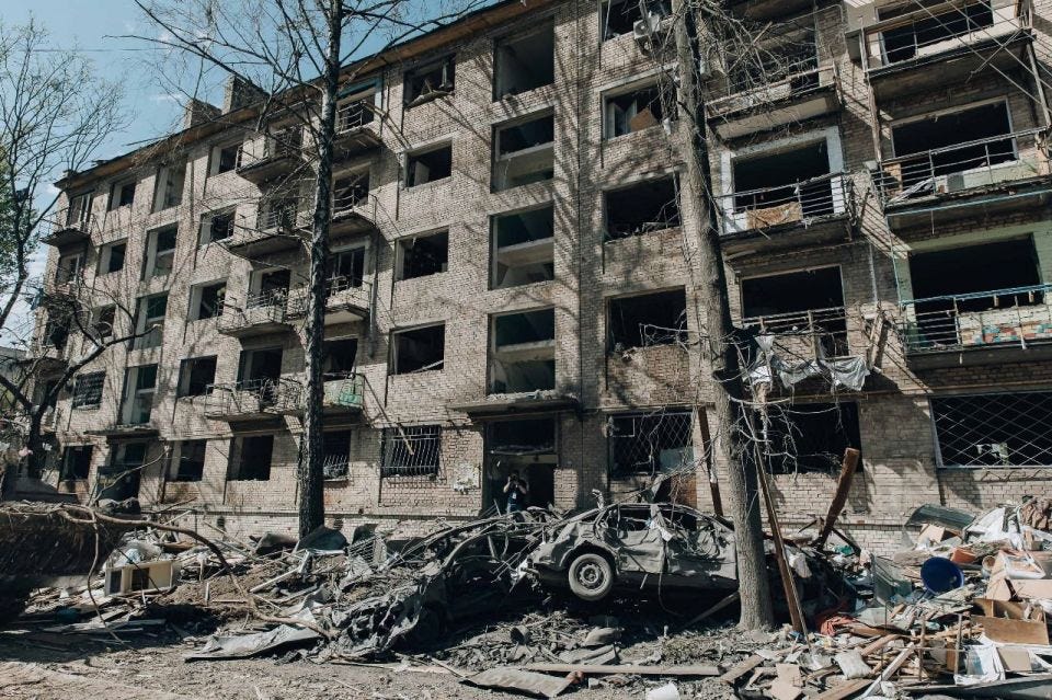 Damaged residential building in Kyiv, Ukraine, following a Russian attack.