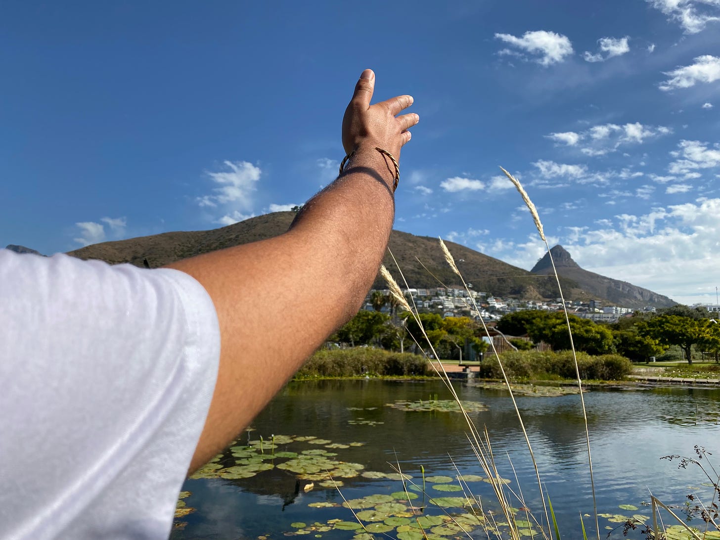 An image of a loved one swiping the sky across Lion’s Head and Signal Hill. There is water down below, lily pads, buildings in the distance, and a bright blue sky. Their arm occupies the center of the image, with their bracelet casting a strong shadow on their arm. 