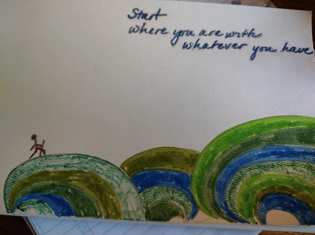 A drawing with the quote "start wherever you are with whatever you have."