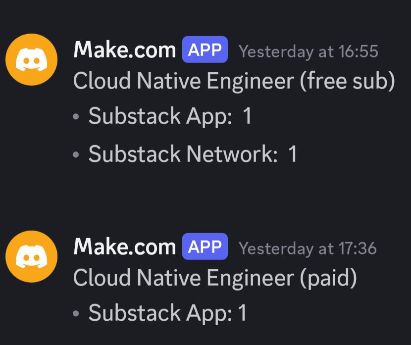 Discord message with a summary of free and paid subscribers