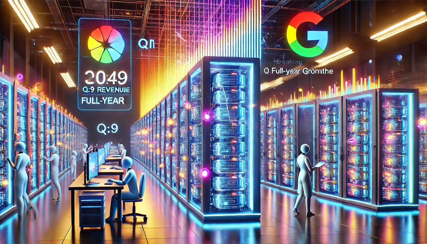 A 16:9 futuristic illustration showcasing Alphabet’s AI-powered surge in its 2024 earnings finale. The scene features a high-tech Google data center filled with glowing server racks powered by advanced AI processors. Vibrant data streams flow between the systems, symbolizing AI-driven innovation across Google Search, YouTube, and Google Cloud. Holographic financial charts display Alphabet’s record-breaking Q4 revenue and strong full-year growth. Engineers and robotic systems oversee AI deployments, while the background features a sleek, futuristic industrial setting emphasizing Alphabet’s dominance in AI and cloud computing.