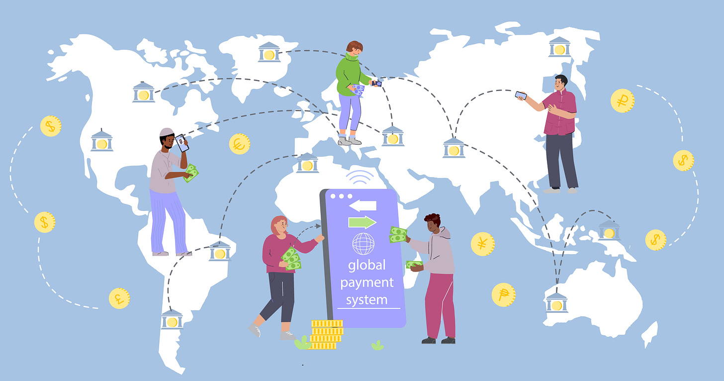 World map with people from different countries with a global payment system
