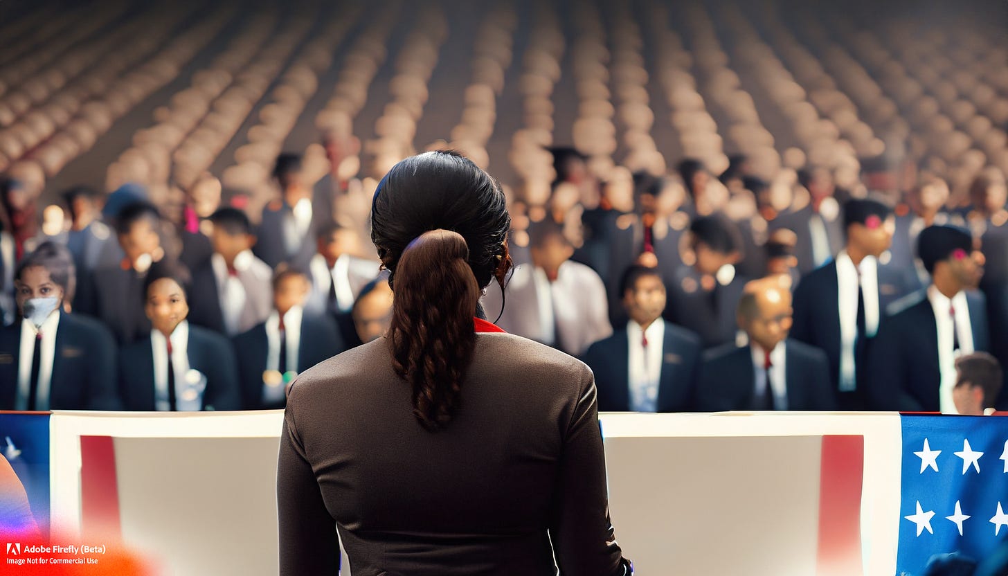 AI generated image from the prompt: female politician as seen from behind giving a speech to a large crowd of people looking at her, realistic