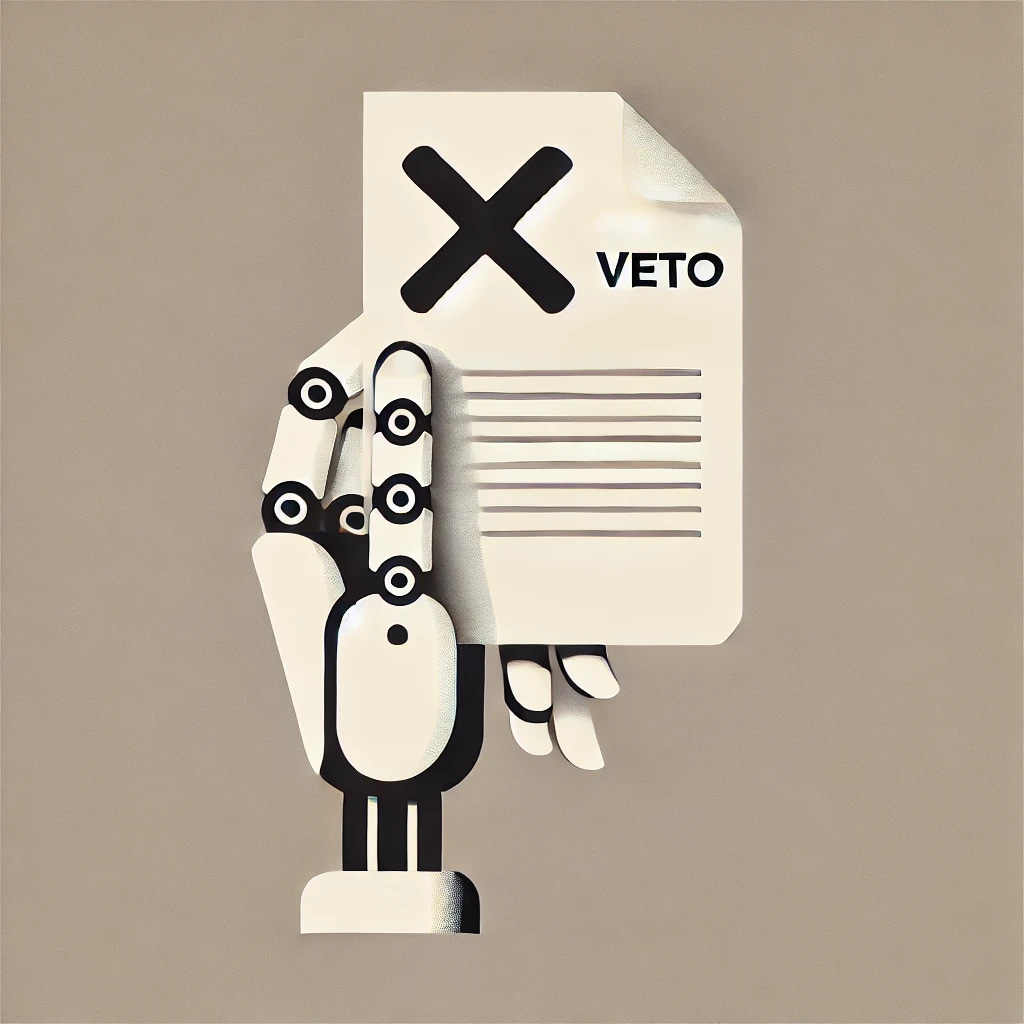 A minimalist graphic representing the concept of a vetoed AI bill by Governor Newsom. The image features a robotic hand holding a piece of paper with a large 'X' over it, symbolizing the veto. The background is clean and neutral, with no text, emphasizing the idea of rejecting AI legislation.