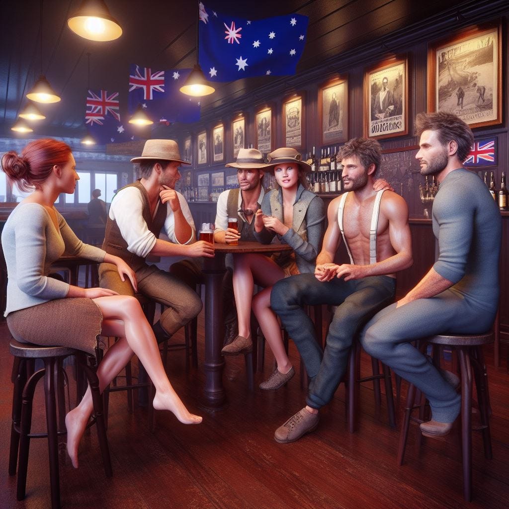 a photorealistic image of a group of male and female australians sitting in a pub and talking