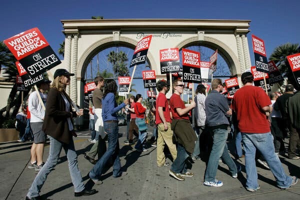 Striking writers walk a picket line outside Paramount Studios in Los Angeles, in 2007.