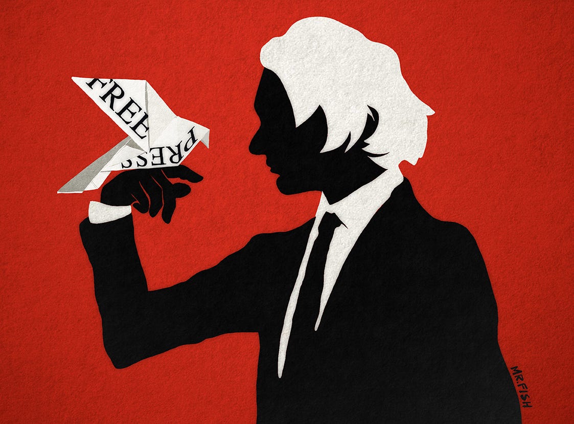 A black and white silhouette against a red backdrop of Julian Assange with an origami bird with words Free Press on its wings perched on his hand