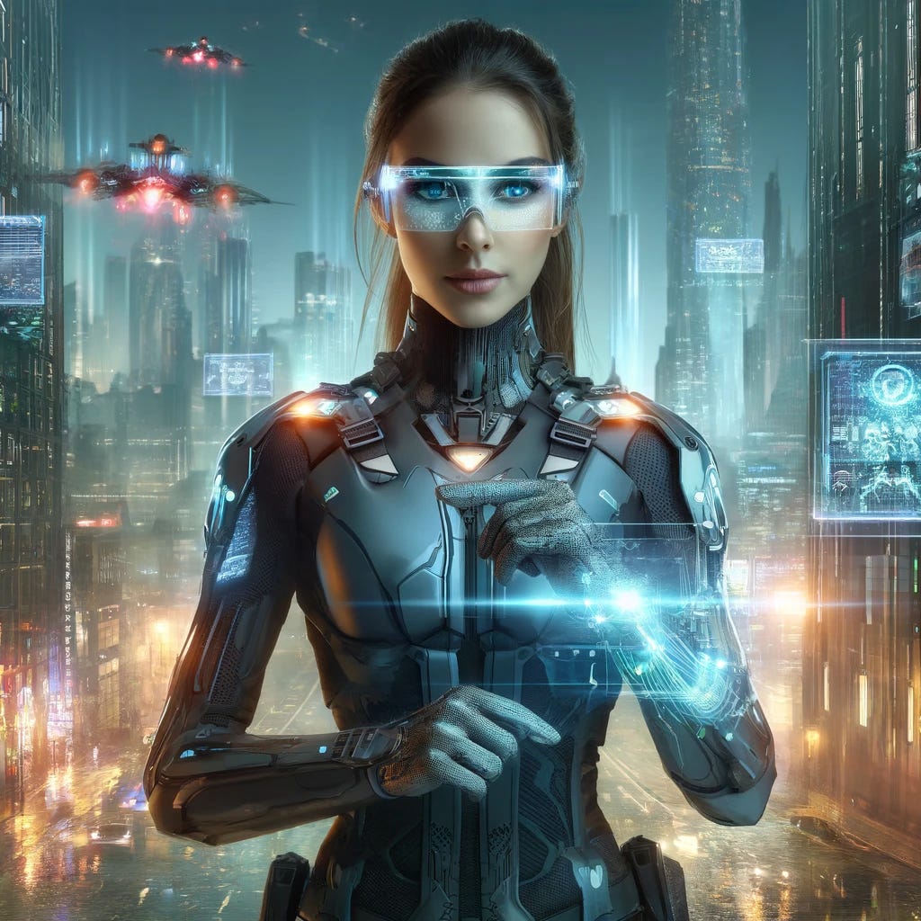 In a futuristic sci-fi setting, a modern saleswoman is visualized as a highly skilled operative navigating a technologically advanced urban landscape. She's equipped with a sleek, high-tech suit that incorporates holographic displays and neon accents, highlighting her role in a cutting-edge corporate world. Her attire is complemented by smart glasses that project data and a holographic wrist device used for communication and information analysis. In one hand, she holds a light-based device, symbolizing her ability to illuminate and seize new opportunities. In the other, a digital tablet with dynamic, glowing interfaces, representing her adeptness at gathering valuable data and managing client relationships. The background features towering skyscrapers with holographic advertisements and flying vehicles, creating a bustling, neon-lit cityscape that epitomizes the pulse of the future. Her confident stance and focused gaze reflect her readiness to tackle the challenges of this high-speed, interconnected world.