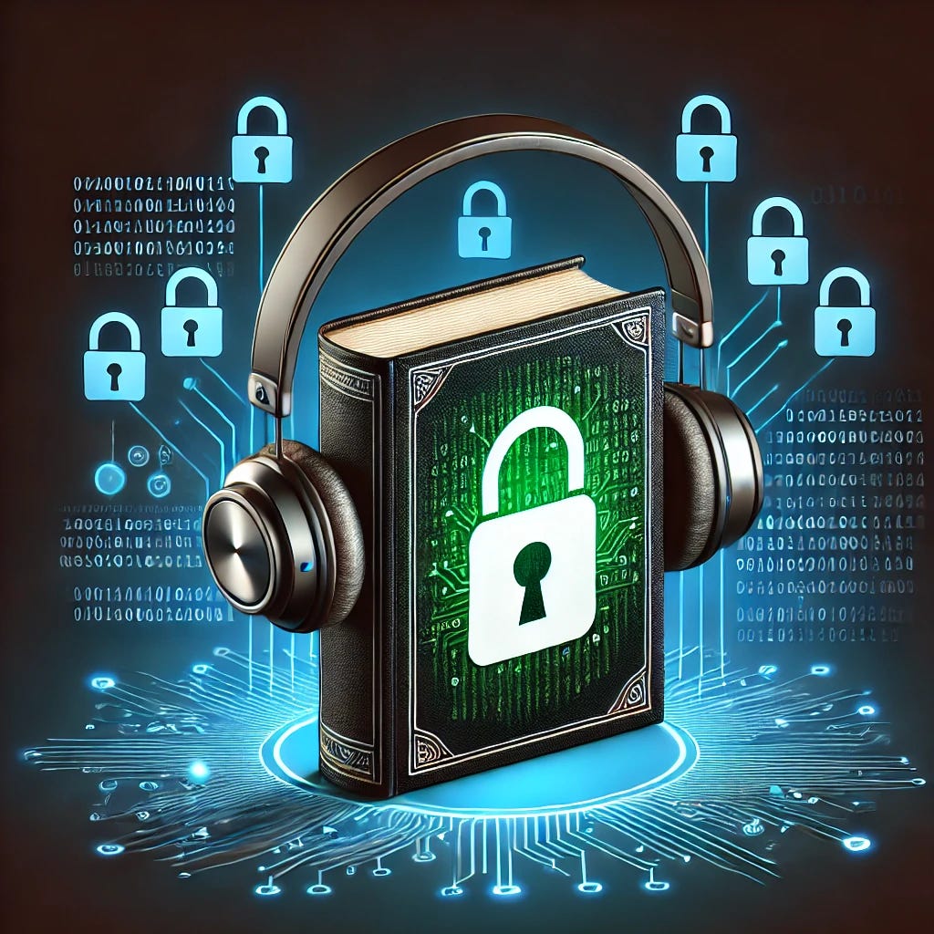 An illustration of an audiobook about cybersecurity. The image features a digital book with a padlock icon on the cover, symbolizing security. The book is connected to a pair of modern wireless headphones. Behind the book, there are abstract representations of digital data, like binary code, locks, and network grids, creating a sense of cyber environment. The colors are dark with blue and green neon highlights to reflect the tech and security theme.