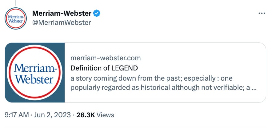 Merriam Webster replying to a tweet from Padma Lakshmi with the definition of LEGEND