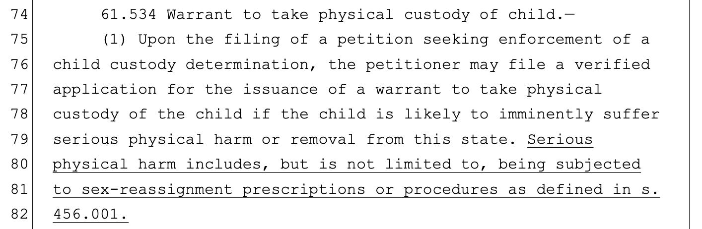 61.534 Warrant to take physical custody of child.—        (1) Upon the filing of a petition seeking enforcement of a   child custody determination, the petitioner may file a verified   application for the issuance of a warrant to take physical   custody of the child if the child is likely to imminently suffer   serious physical harm or removal from this state. Serious   physical harm includes, but is not limited to, being subjected   to sex-reassignment prescriptions or procedures as defined in s.   456.001.