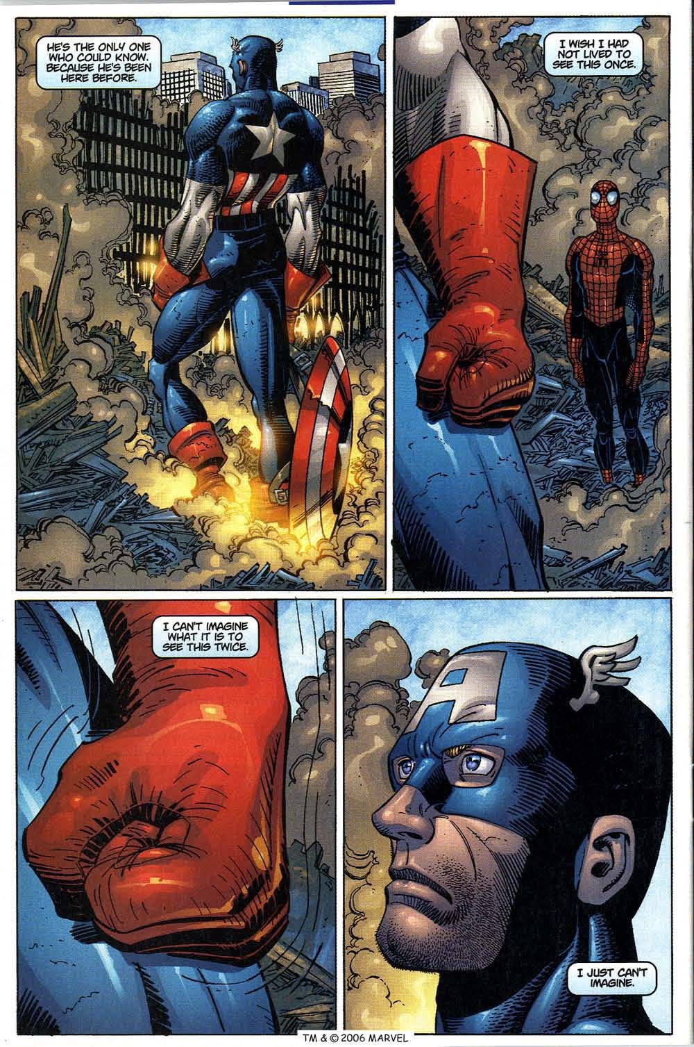 Comics page showing Spider-Man looking at Captain America, who stares in shock at Ground Zero. Text of Spider-Man's thoughts: 'He's the only one who could know. Because he's been here before.' 'I wish I had not lived to see this once' 'I can't imagine what it is to see this twice... I just can't imagine' 