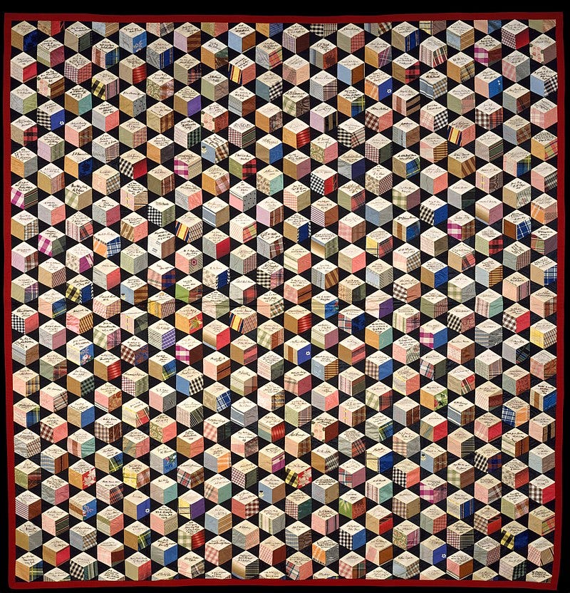 Quilt, Tumbling Blocks with Signatures pattern, containing 350 signatures by Adeline Harris Sears
(1856–ca.1863)