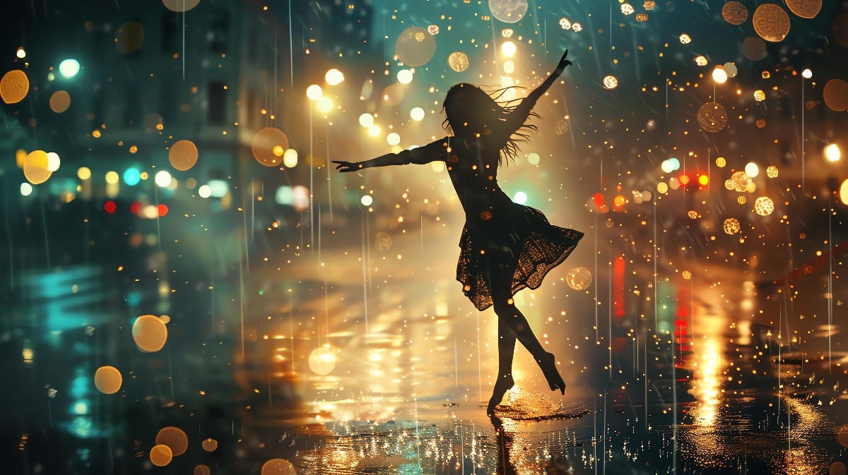 Young woman dancing in the rain. She is wearing a beautiful dress and her hair is flowing in the wind.