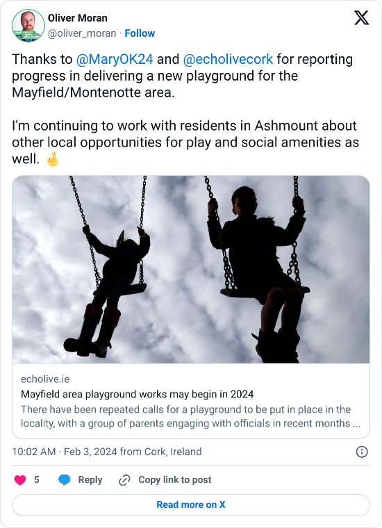 A tweet with the text, "Thanks to @MaryOK24 and @echolivecork for reporting progress in delivering a new playground for the Mayfield/Montenotte area. I'm continuing to work with residents in Ashmount about other local opportunities for play and social amenities as well. 🤞"