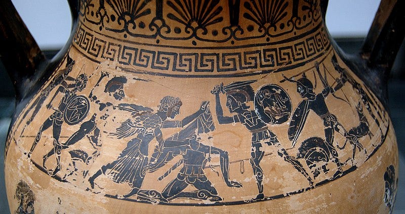 Aphrodite rescuing her son Aeneas wounded in fight, scene from The Iliad. Shoulder of an Etruscan black-figure amphora, ca. 480 BC