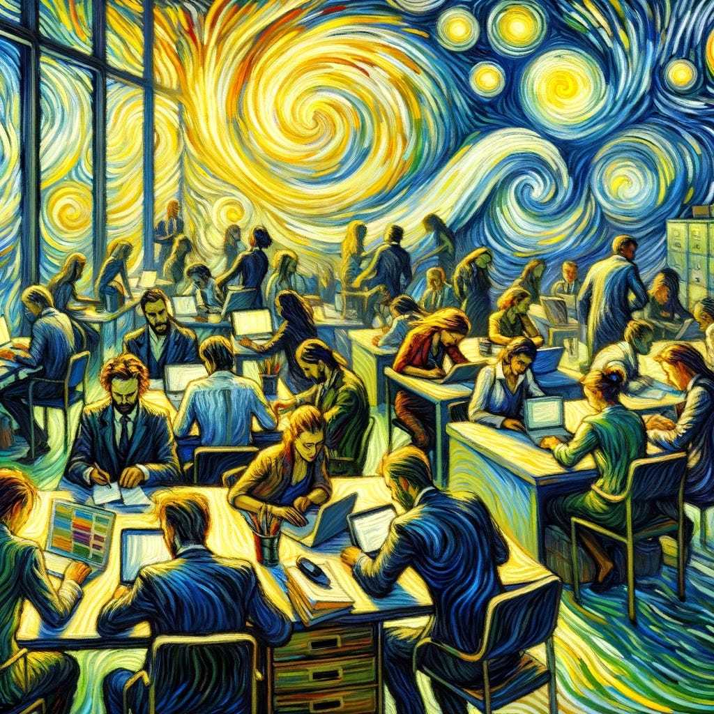A painting in the style of Impressionism, using swirling strokes and vivid, emotional colors to represent the concept of attachment styles in a modern office setting. The image should show a group of adults working in an office, with some collaborating closely, depicting secure attachment, and others working alone or appearing anxious, representing insecure attachment styles. The office environment should be lively and colorful, reflecting the emotional undertones of the workplace relationships. The painting should be reminiscent of Vincent van Gogh's style, with bold, expressive brush strokes and a focus on the emotional atmosphere of the scene.