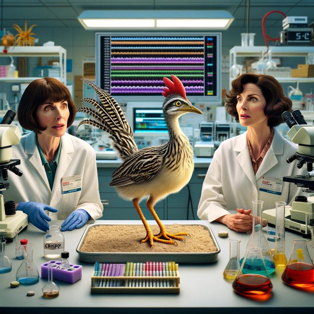 A humorous and inventive scene in a laboratory setting featuring two female scientists resembling Emmanuelle Charpentier and Jennifer Doudna. They are surrounded by laboratory equipment, observing a hybrid chicken-roadrunner creature. The lab features a genetic sequencing display with visible CRISPR elements. The overall tone is playful and educational, capturing the contrast between advanced genetic engineering and nature's methods. The scientists show a mix of curiosity and amusement as they discuss the hybrid animal.