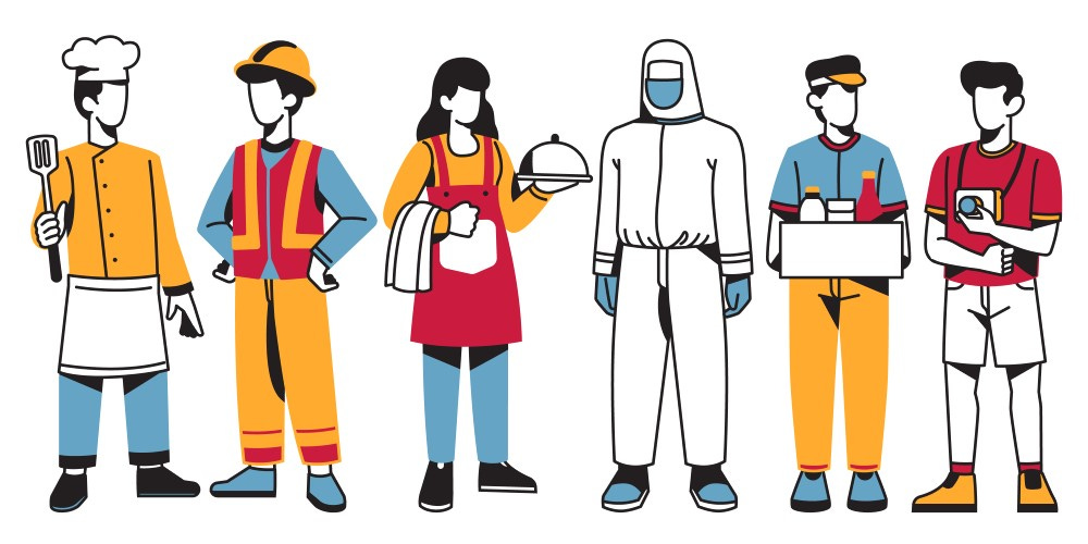 Colorful drawings of six faceless laborers:  a chef, a construction worker, a foodserver, a hazardous materials technician, a mobile vendor at an event venue, and a photographer.