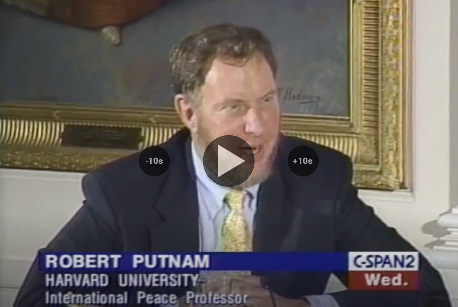 Screenshot of Robert Putnam speaking at a panel with President Bill Clinton. Click for video.