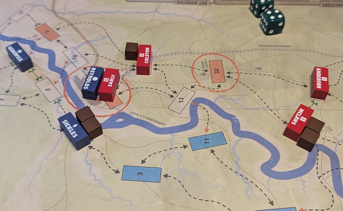 Board of the game Chancellorsville 1863, depicting the map of the area and several army blocks. Reynolds and Early are engaged in a battle.