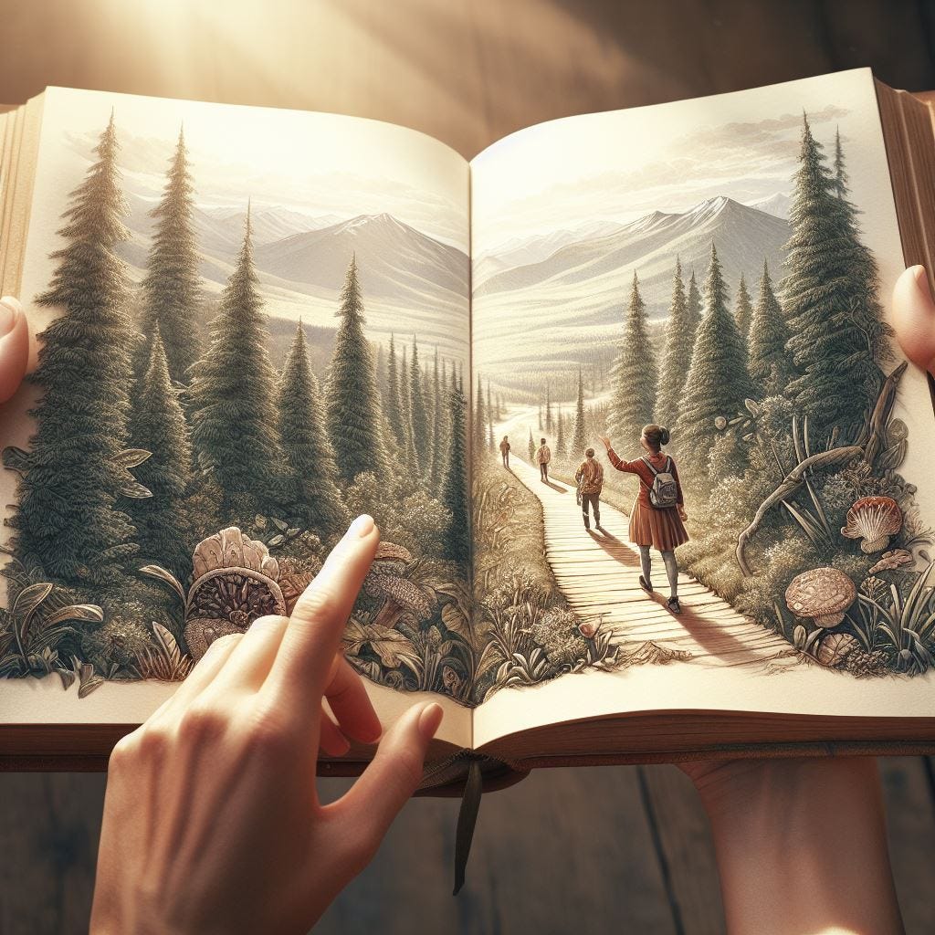 People walking down path in book. Image created with Bing.