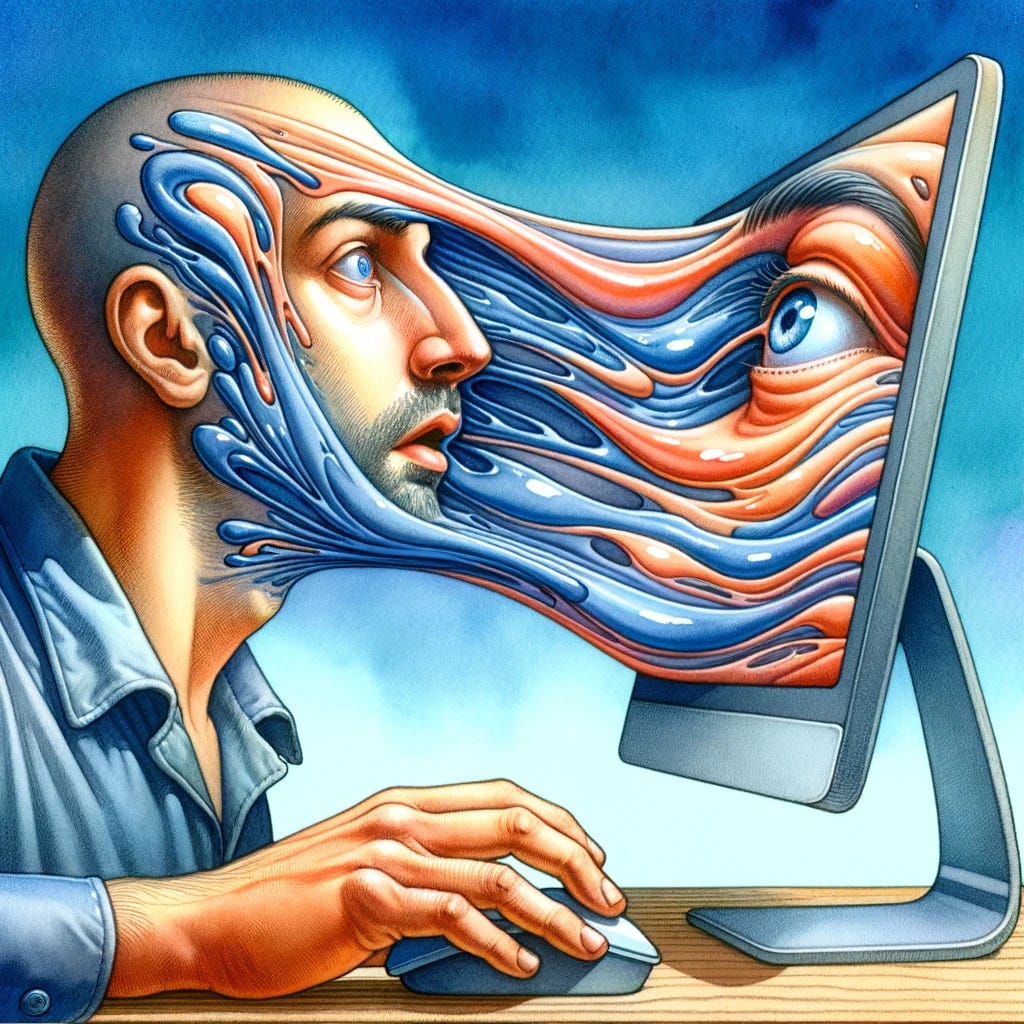 Watercolor painting with surrealistic elements, reminiscent of the fluid and distorted style of the 20th-century art movement. A semi-buffed, bald 34-year-old man, eyebrows raised in wonder, interacts with Zoom's revolutionary AI companion tool on a desktop computer that seems to melt and bend in a dreamy fashion.