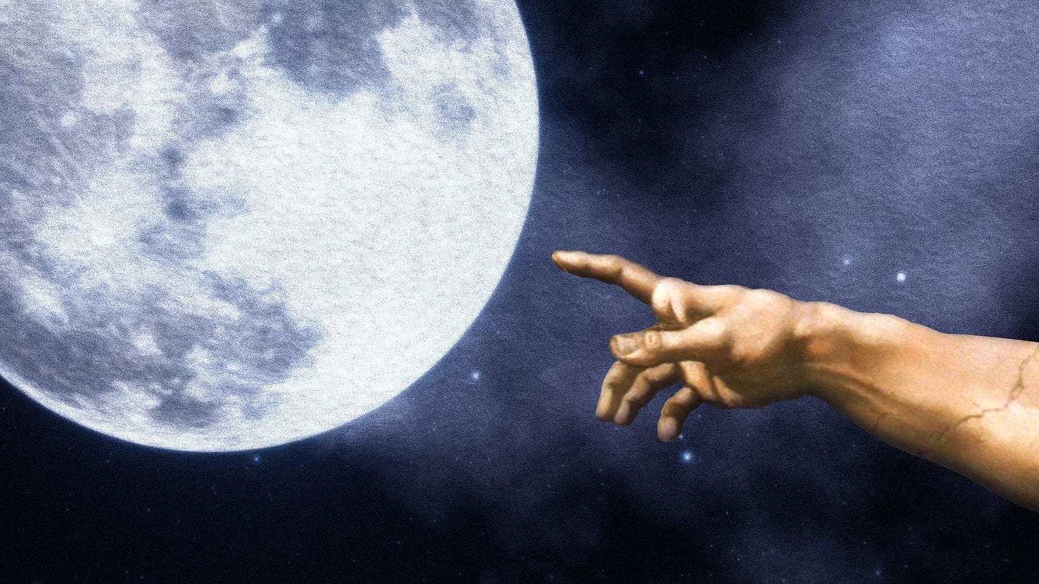Photo illustration of the hand from Michelangelo's Creation of Adam pointing towards the moon.