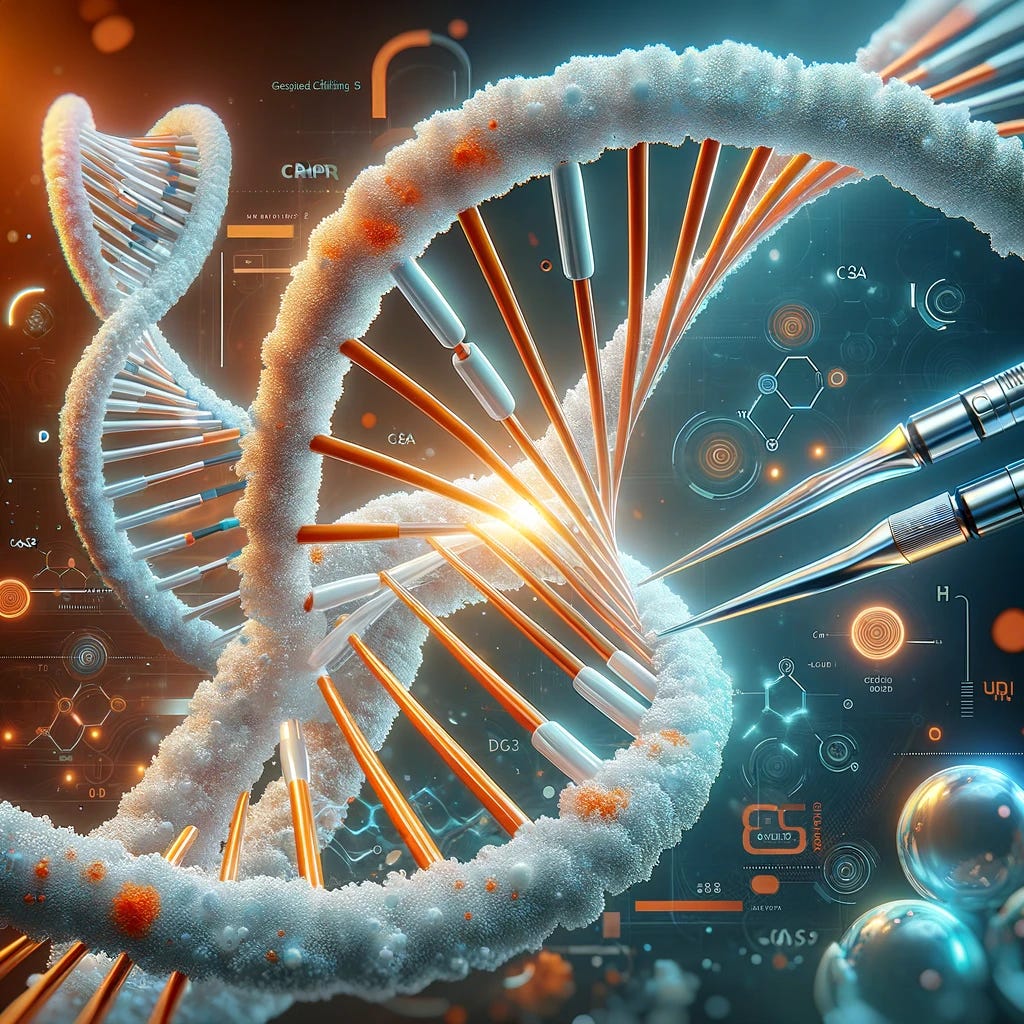 An abstract representation of CRISPR-Cas9 gene editing technology, featuring a DNA double helix being precisely targeted and cut by the CRISPR-Cas9 system. The image should incorporate shades of orange, white, and blue to create a visually striking and informative composition. The CRISPR-Cas9 system is visualized as a sleek, futuristic tool interacting with the DNA, emphasizing the precision and innovation of this genetic editing technique. The background should be abstract, suggesting a scientific or technological context, with elements that highlight the transformative potential of CRISPR.