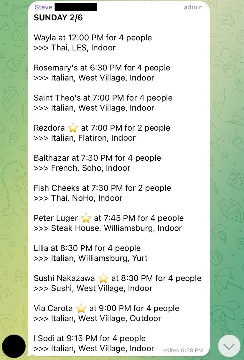 A screenshot of a group chat message from Telegram, listing reservation times at various NYC restaurants.