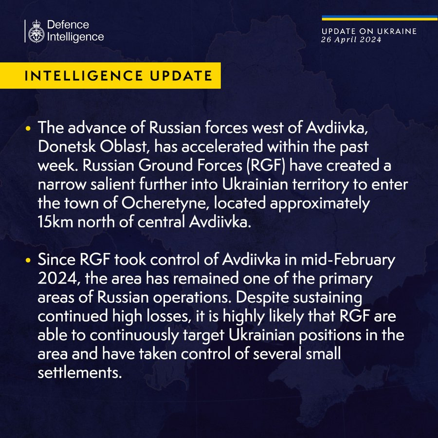The advance of Russian forces west of Avdiivka, Donetsk Oblast, has accelerated within the past week. Russian Ground Forces (RGF) have created a narrow salient further into Ukrainian territory to enter the town of Ocheretyne, located approximately 15km north of central Avdiivka.
Since RGF took control of Avdiivka in mid-February 2024, the area has remained one of the primary areas of Russian operations. Despite sustaining continued high losses, it is highly likely that RGF are able to continuously target Ukrainian positions in the area and have taken control of several small settlements.