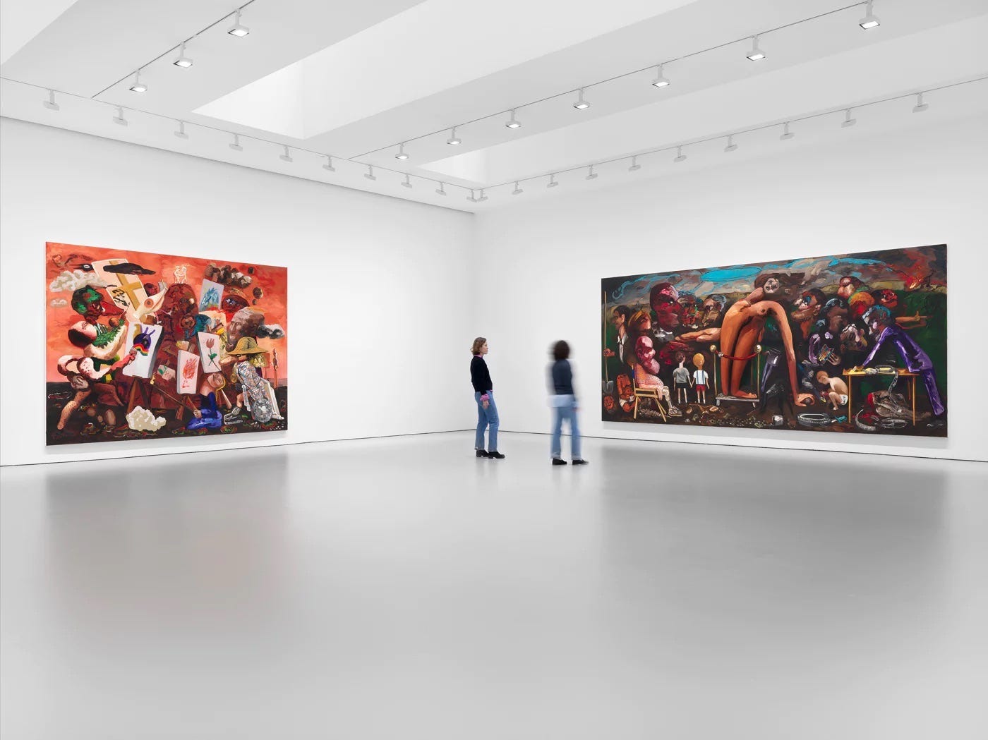 Installation view of one room of Dana Schutz exhibition “Jupiter’s Lottery,” showing two large paintings with gallery visitors for scale. The Hill: A brightly-colored, expressionistic painting showing a brown hill or mountain which is being painted in very different ways by a crowd of figures including one with a duck beak, one with a head like a statue, and others with strange forms. Behind them is an orange-red sky and the surface of a dark plain. The Gathering: A very large dark painting with a crowd of figures. A large figure in the center is placed on a stand behind a red velvet rope. She is abstractly naked, kneeling in an impossible pose with swollen limbs. A pair of children holding hands are looking on. On the left, a man sits in a chair observing the figure. On the right a man in a purple suit is leaning on a table which holds curls of movie film. Many of the other figures have large heads and some are only half-visible in the gestures of paint.