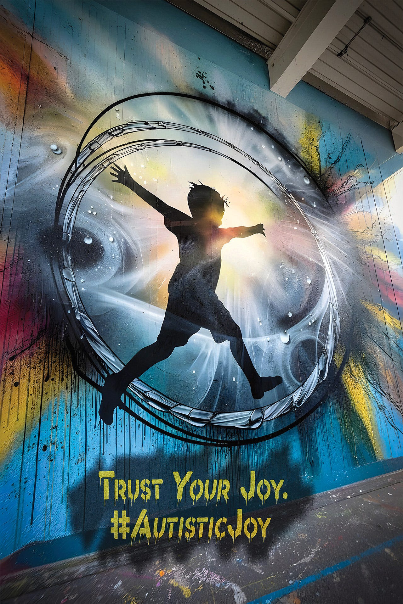 Street art mural with silhouetted figure leaping through luminous circular portal. Background features ethereal spray paint effects in blues, yellows, and purples with intentional drip patterns. Text reads "Trust Your Joy. #AutisticJoy" in stenciled yellow letters. Portal's crystalline edge suggests breaking through barriers. Dramatic backlighting creates sense of emergence and freedom. Celebrates autistic joy as an act of self-trust and liberation.