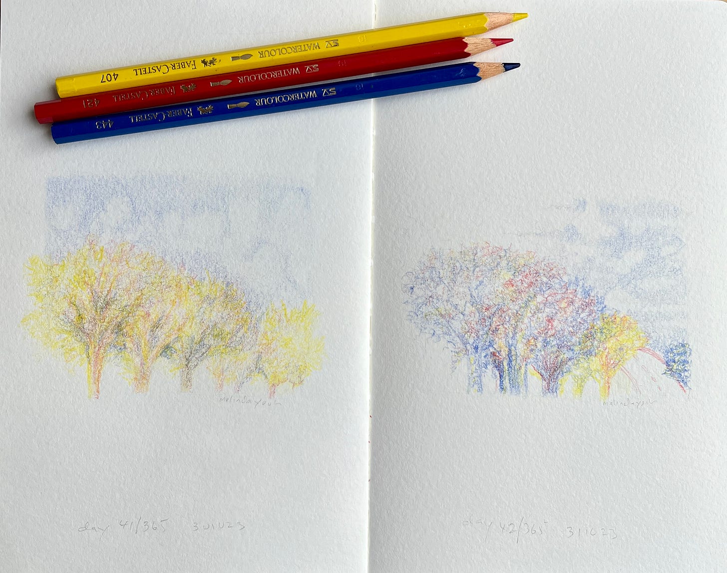 Image: colour pencil drawing of trees and sky with a curving road in the background 