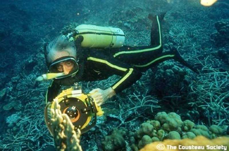 Pioneer scuba diver and documentary-maker Jacques Cousteau under water in a scuba diving suit