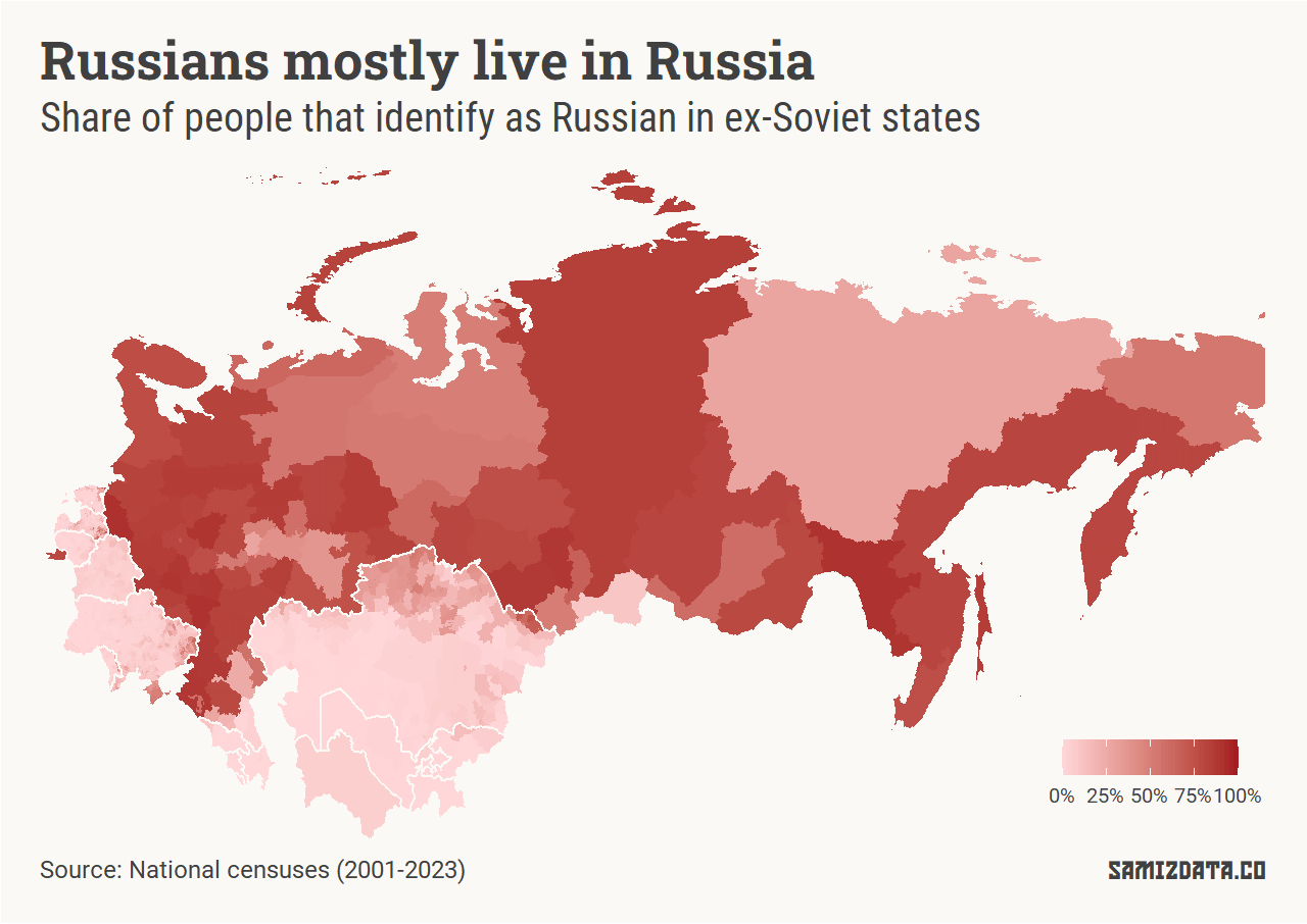 Map of ex-Soviet states, showing the share of Russians in each one of their regions according to the latest censuses.